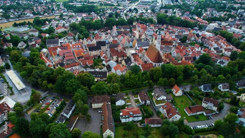 Aerial view around the old town Schrobenhausen in Germany on a cloudy day in summer