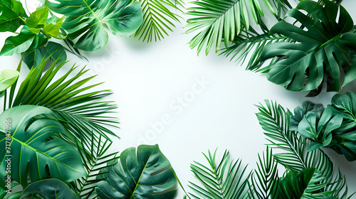 Tropical leaves banner on white background with copy space, generative ai © Chaman