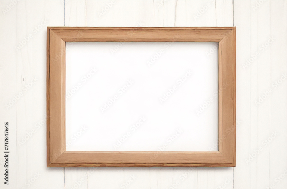 Marco vertical rectangular fino de madera clara colgado en una pared con textura blanca, plano, vista superior, ilustración 3D. Marco vertical rectangular fino de madera clara colgado en una pared con textura blanca, plano, vista superior, ilustración 3D.