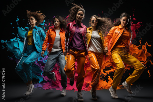 Jumping, dancing. Collage of five young women moving cheerfully isolated on colored backgrounds in neon light. Concept of fashion, beauty