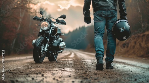 Biker walks to motorcycle holding helmet in hand