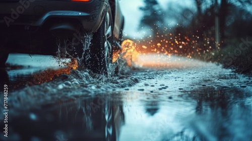Car driving through the puddle and splashing by water photo