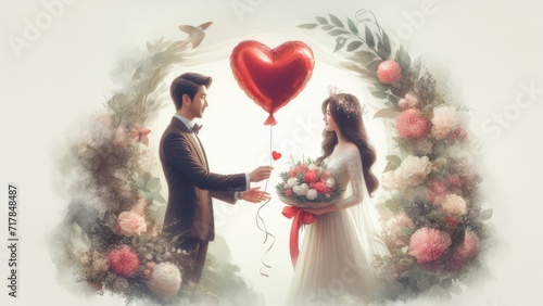 A heart-shaped balloon floating in the air with two people underneath it. A man holds a balloon, a woman holds a bouquet of flowers. They both seem to be in the garden. Wedding ceremony.