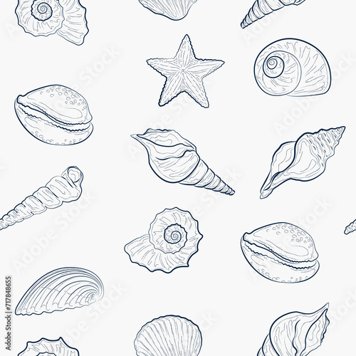Seamless pattern. Blue doodles on a white background. Suitable for decoration of various goods in marine style. Illustration in the style of line. Marine theme in drawings. Vector art.