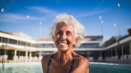 Portrait of a happy elderly woman in a hotel pool against a blue sky, enjoying a retirement vacation. Summer, holidays, travel, recreation and entertainment, positive emotions concepts. © liliyabatyrova