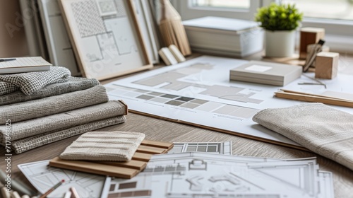 Interior designer's working table, an architectural plan of the house, a color palette, furniture and fabric samples. Drawings and plans for house decoration