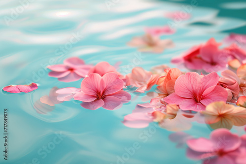 Pink flower petals in pool water. Background image. Created with Generative AI technology