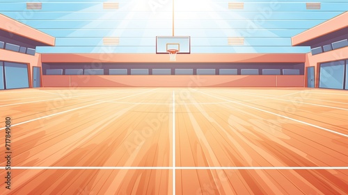 Empty school or college cartoon illustration sports court. a polished wooden floor and a basketball hoop. © chesleatsz