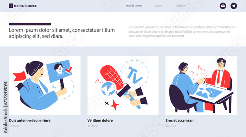 Propaganda, news and politics - colorful flat design style banner with linear elements. Composition with campaigning for a candidate, a reporters microphone, partners shake hands in agreement