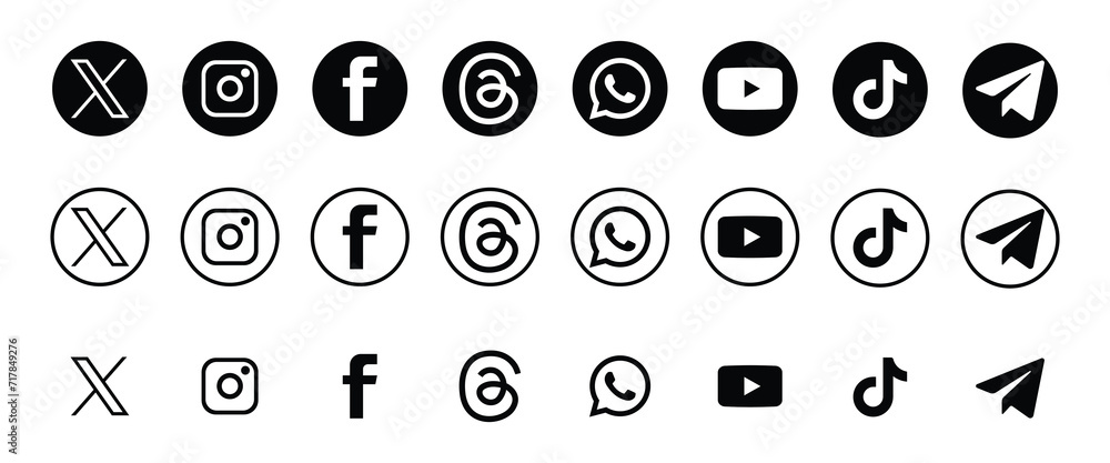 Latest social media icons. X, Instagram, Facebook, Threads, Whatsapp