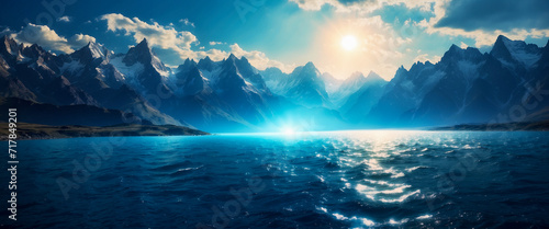 eye catching seascape illustration. glowing blue sun, sea shore