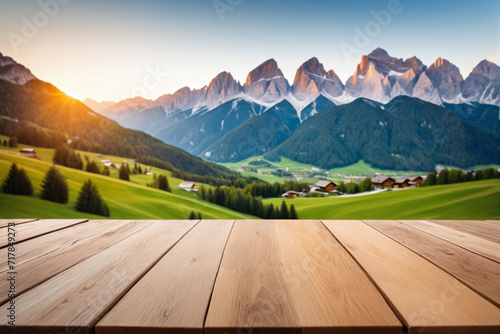 The frontal view of an empty wooden table top with blur background of mountain landscape - Product showing