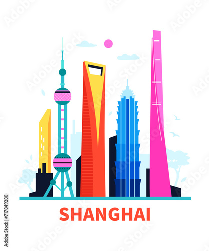 Pudong New Area - modern colored vector illustration with developing outback area of Shanghai with family-friendly spaces. Chinese modern architecture, asian quay and tourist travelling idea
