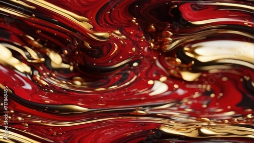 Beautiful Crimson Liquid Swirls with Gold Glitter. Elegant Art Background. generative, AI.
