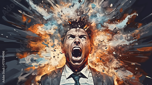 Mind-blowing idea, head explosion illustration of man in chaos,