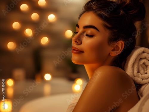 Woman Relaxing in Spa with Warm Candlelight 