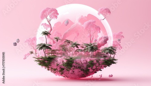 Fototapeta Naklejka Na Ścianę i Meble -  Tiny pink jungle in a glass globe, bright future nature, pink background.