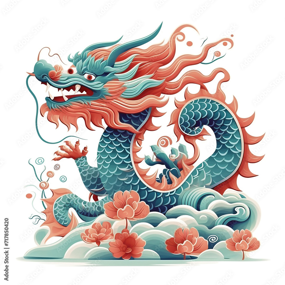2024 Chinese New Year, year of the Dragon, Chinese blue and red zodiac dragon in clouds, flat illustration modern style isolated on white background, decorative colorful holiday poster, China symbol