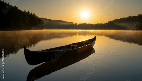 Paddle into Peace: Canoeing at Dawn on a Calm Lake, Embraced by the Gentle Serenity of Sunrise.