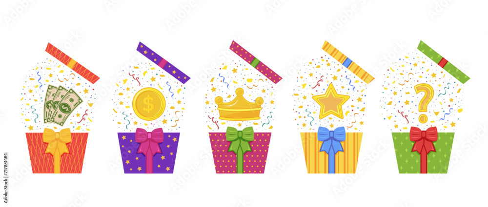 Gift boxes with surprises. Gift boxes with money, coin, star, crown and question. Concept of loyalty program, get rewards, money prize reward, big win, bonus, prize. Gift boxes with surprises. Gift boxes with money, coin, star, crown and question. Concept of loyalty program, get rewards, money prize reward, big win, bonus, prize.