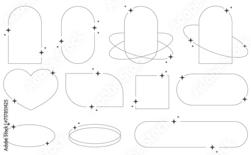 Set of geometric aesthetic abstract line frames and shapes with stars boho, brutalism, Y2K style. Geometric elements with sparkles for template design social media, poster, banner, logo, stickers