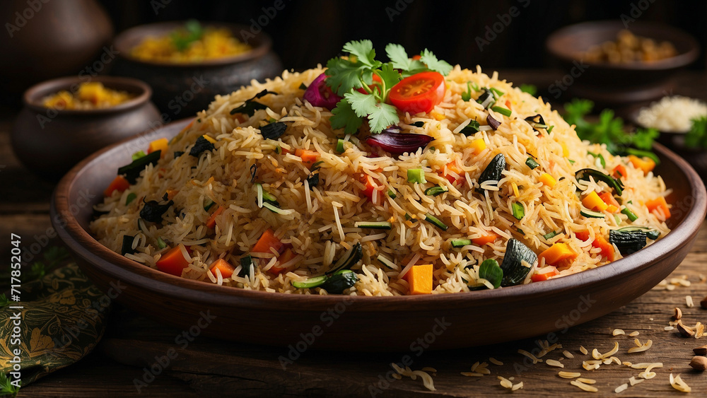 Plate of vegetable biryani served on a traditional plate with a side view the vibrant colors of the assorted vegetables and the aromatic basmati rice Plate of vegetable biryani served on a traditional plate with a side view the vibrant colors of the assorted vegetables and the aromatic basmati rice