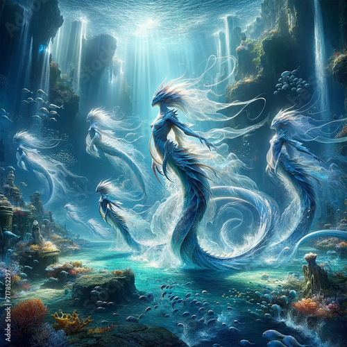 Fototapeta Naklejka Na Ścianę i Meble -  Fantasy water creatures in an underwater landscape