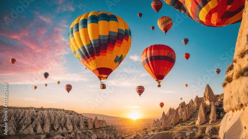 Colorful hot air balloons in sky flying over Cappadocia tourist site