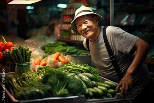 Korean man market vegetable adult.