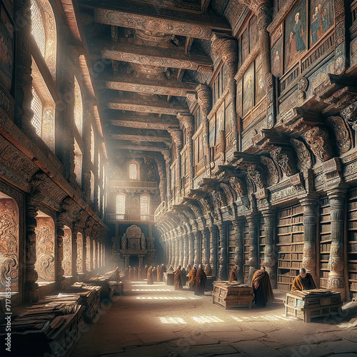 A majestic ancient library in a hidden mountain monastery