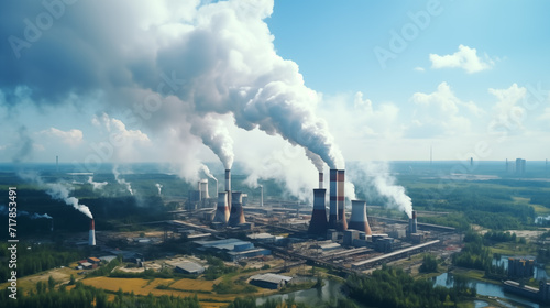 Power plant with smoking chimneys. Factories release CO2 into the atmosphere