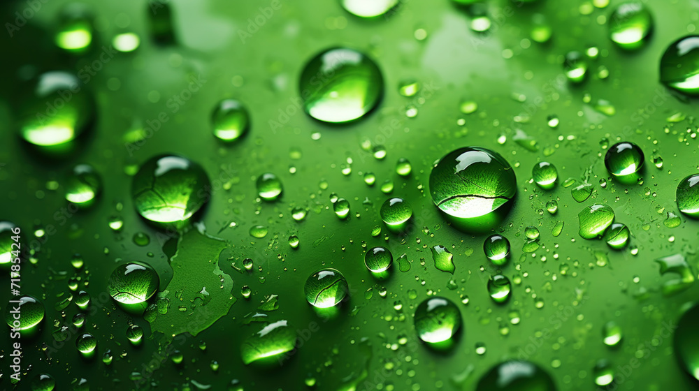 Closeup of water drops sliding on wet surface. Green background. Generative AI