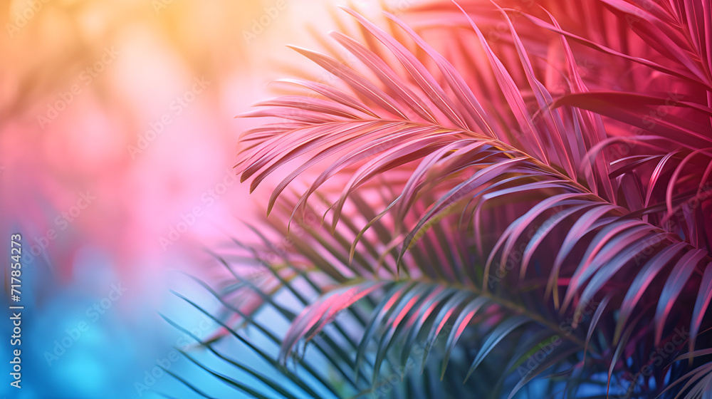 Vibrant tropical foliage immersed in holographic neon gradient colors. A summer minimalist concept painting background. Generative AI