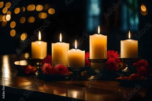 burning candles in black and bokeh light background