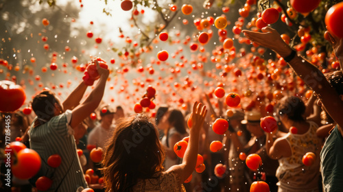 Tomato festival Tomatina people are having fun in tomatoes a cheerful mood photo