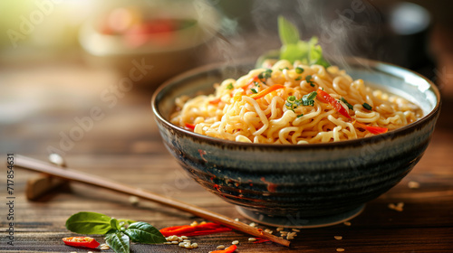 Noodles, a popular Indo-Chinese recipe served in a bowl or plate with wooden chopsticks.