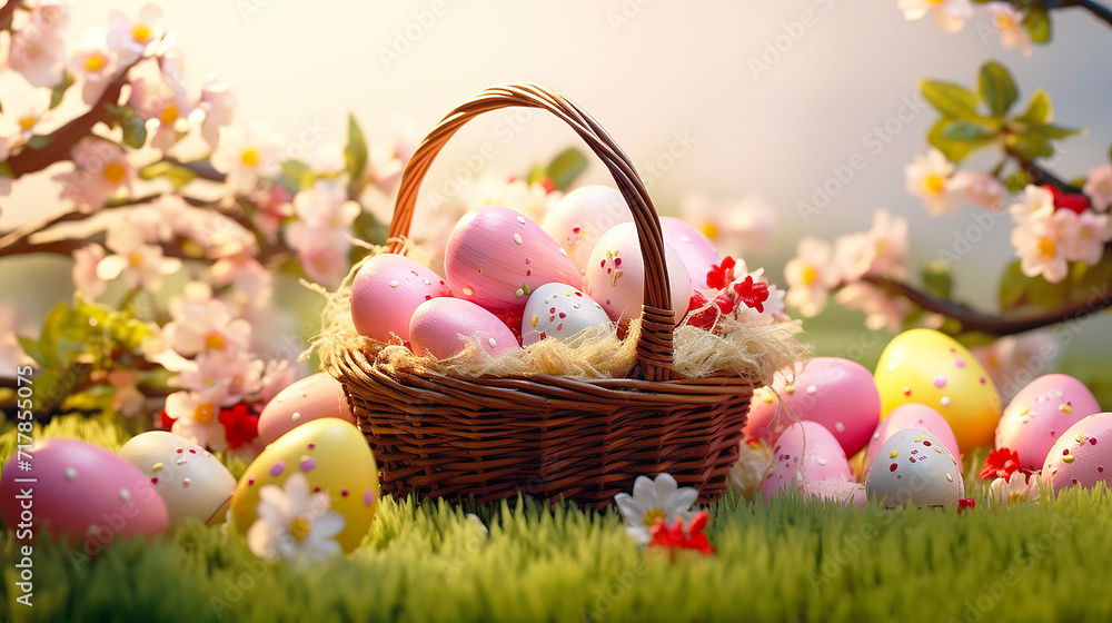 easter eggs in vicker basket on grass and flowers background