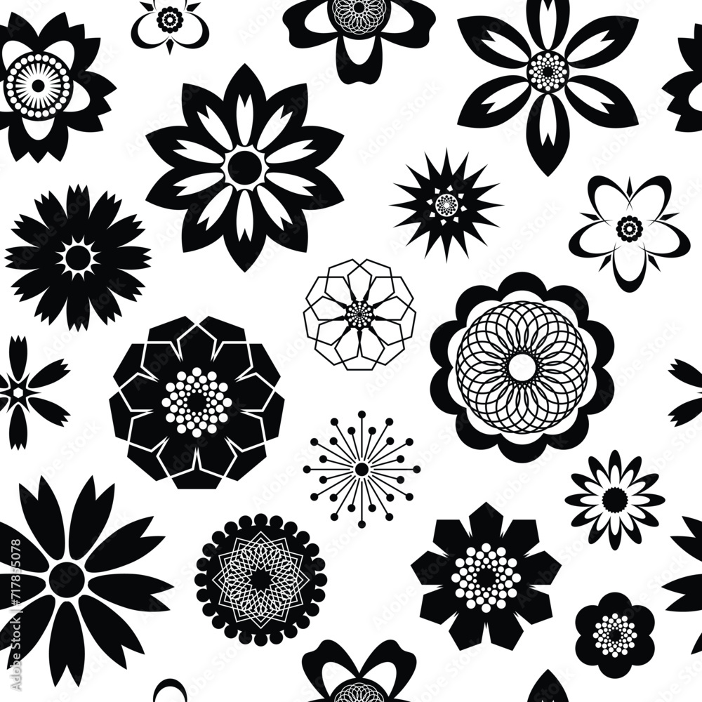 Geometric flowers isolated on white background, seamless pattern, vector design