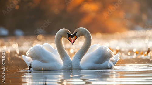 two beautiful swans on a lake shape heart with their long necks and kiss each other. romantic postal card. pc desktop wallpaper background, generative ai photo