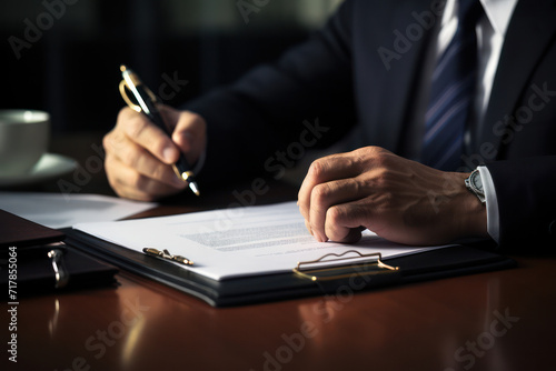 Businessman Signing Legal Document with Pen at Office Desk: Professional Man Finalizing Contract Agreement"