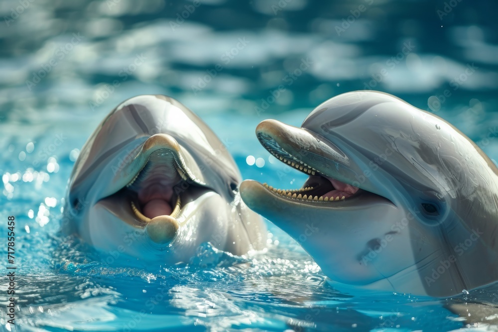 Obraz premium smiling dolphin in blue water, dolphin and human