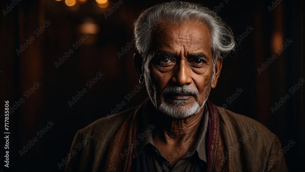 very serious indian old man posing in front of the camera on dark background
very serious indian old man posing in front of the camera on dark background