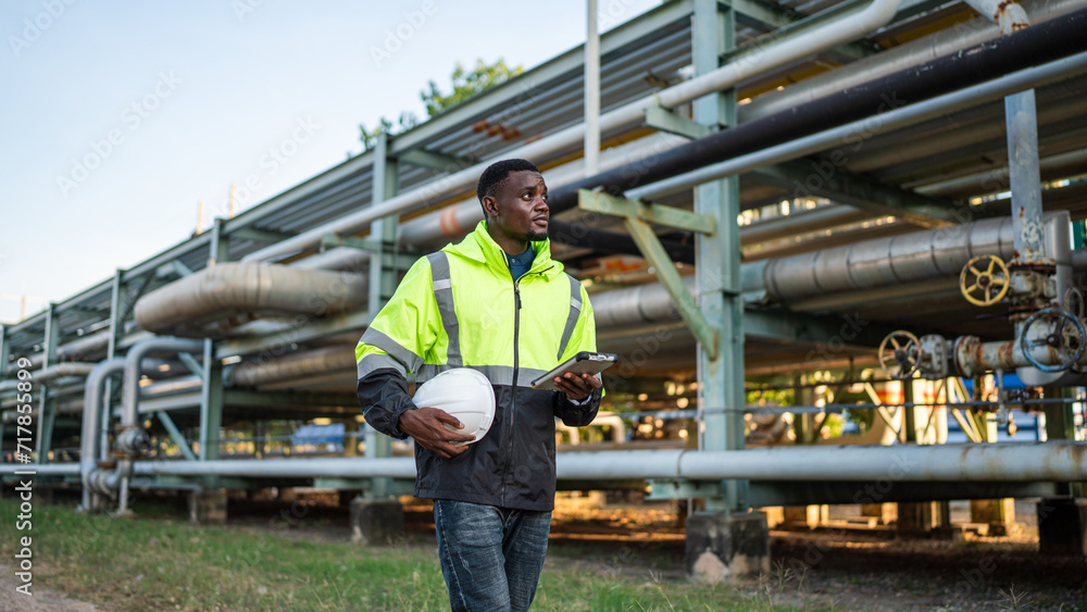 Young mechanical engineer working and holding tablet to checking and inspection gas pipeline system new construction project of industrial.