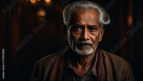 very serious indian old man posing in front of the camera on dark background 
