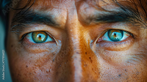 Blue-green eyes of an Asian man photo