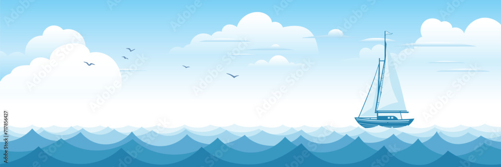 Seascape with sailing yacht, picturesque sky, summer vacation, vector cartoon, panoramic view Seascape with sailing yacht, picturesque sky, summer vacation, vector cartoon, panoramic view