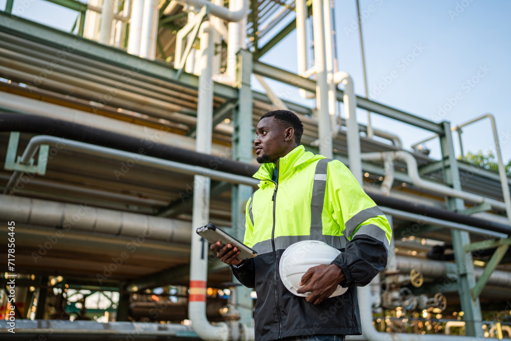 Young mechanical engineer working and holding tablet to checking and inspection gas pipeline system new construction project of industrial.