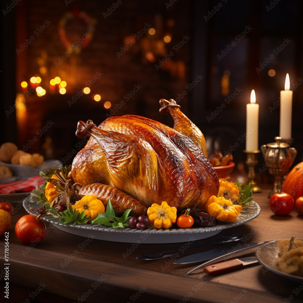 Baked Thanksgiving turkey standing on the holiday table created with Generative Ai Baked Thanksgiving turkey standing on the holiday table created with Generative Ai
