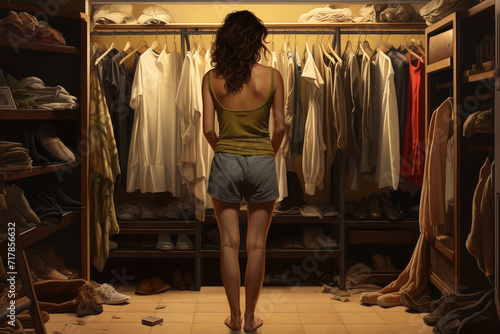 illustration of a young woman standing in front of a closet with clothes and shoes. Created with Generative AI