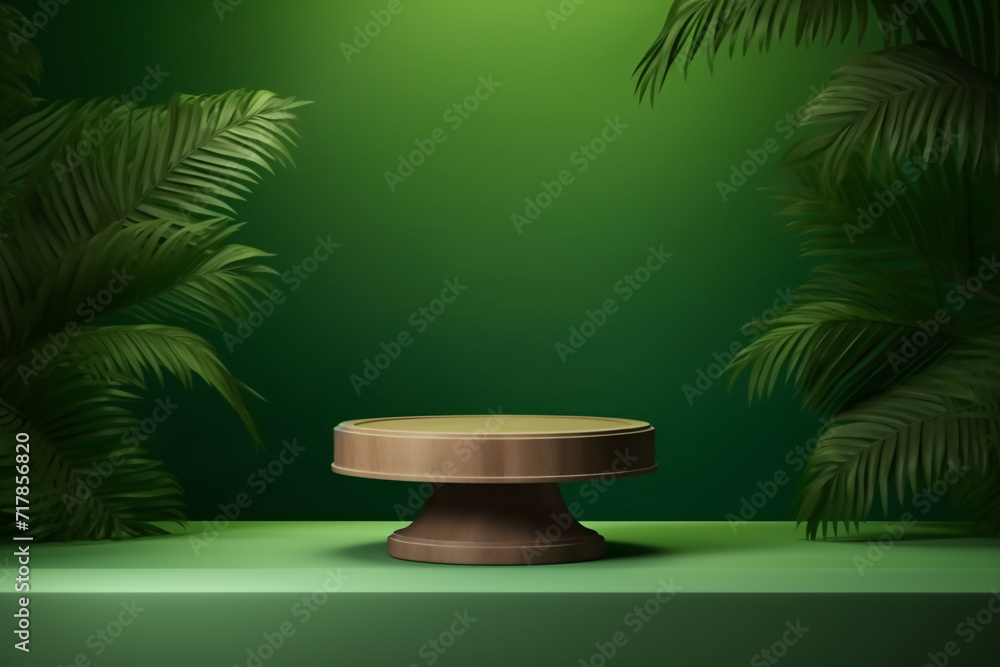 3D Realistic Wooden and Green Stone Podium with Tropical Palm Leaf Decoration, Product Display Mockup 3D Realistic Wooden and Green Stone Podium with Tropical Palm Leaf Decoration, Product Display Mockup